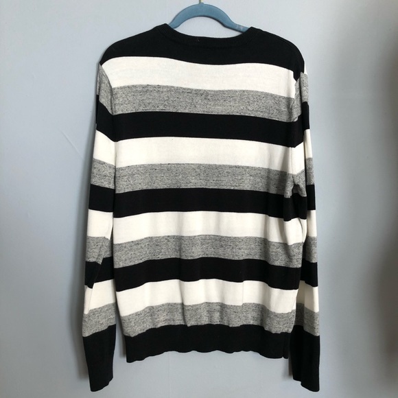 Express Men's V Neck Black, White and Grey Striped Sweater - Picture 3 of 4
